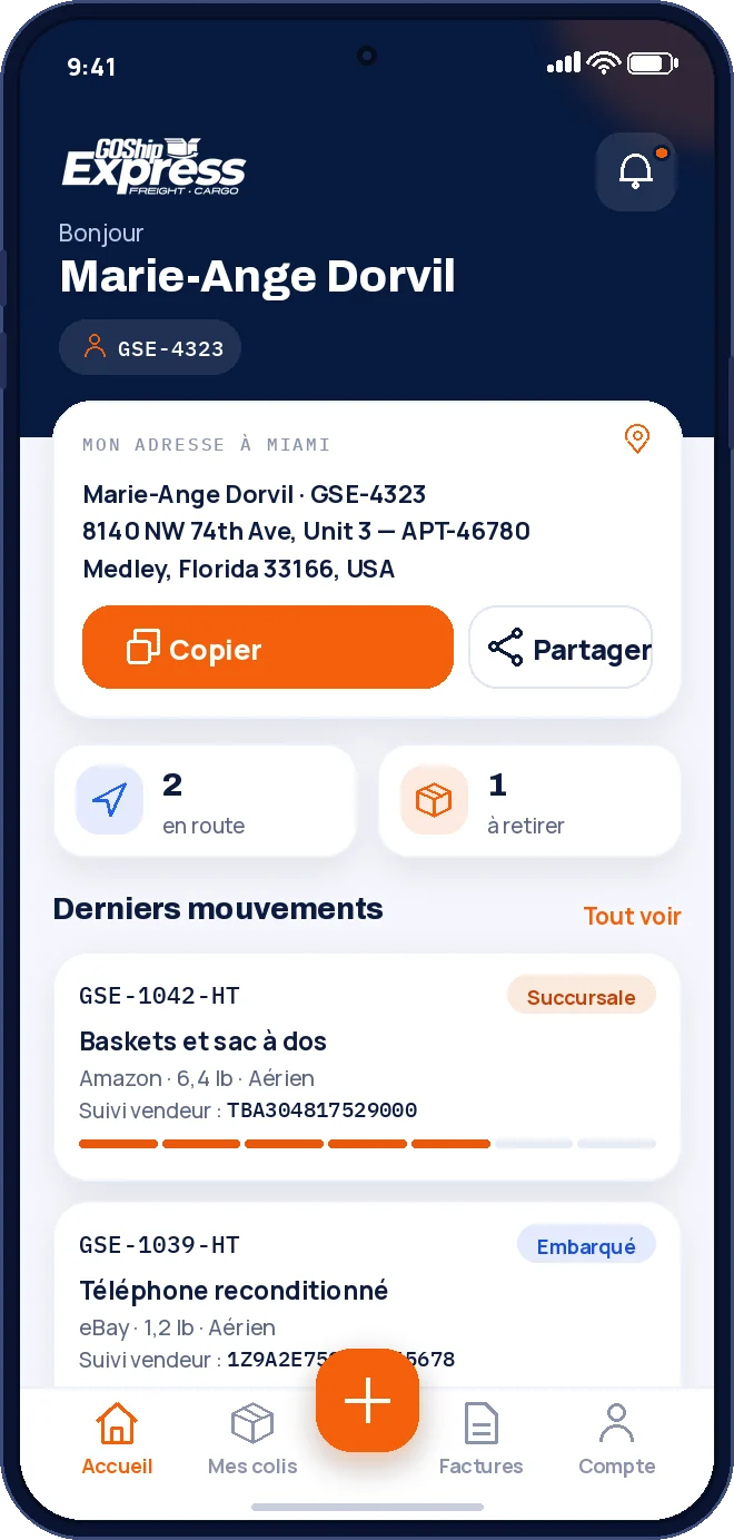 L'accueil de l'application : votre adresse à Miami et vos derniers colis