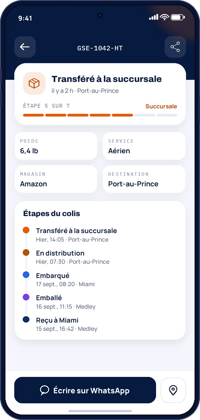 Le suivi d'un colis dans l'application : son statut, son avancement et ses étapes