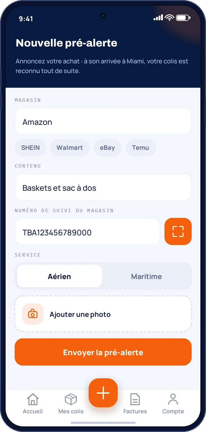 La pré-alerte dans l'application : annoncer un achat avant son arrivée à Miami