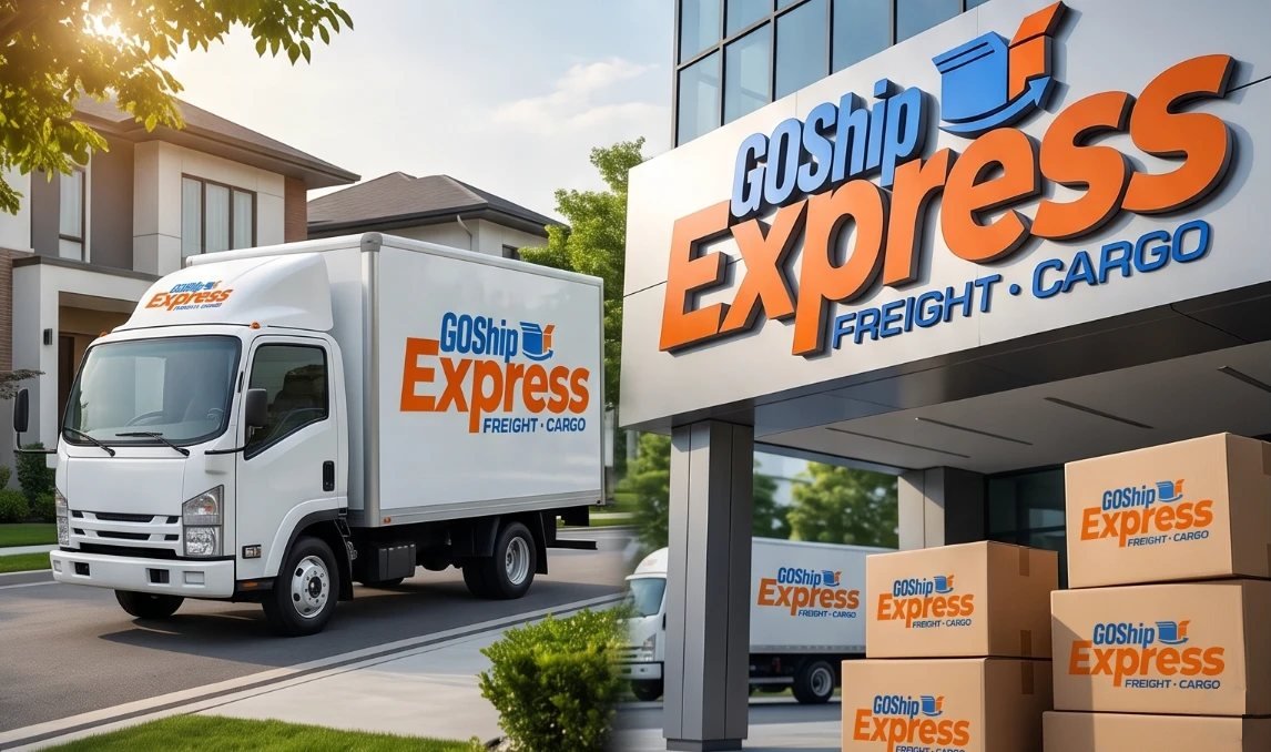 Camion, enseigne et colis aux couleurs de Goship Express