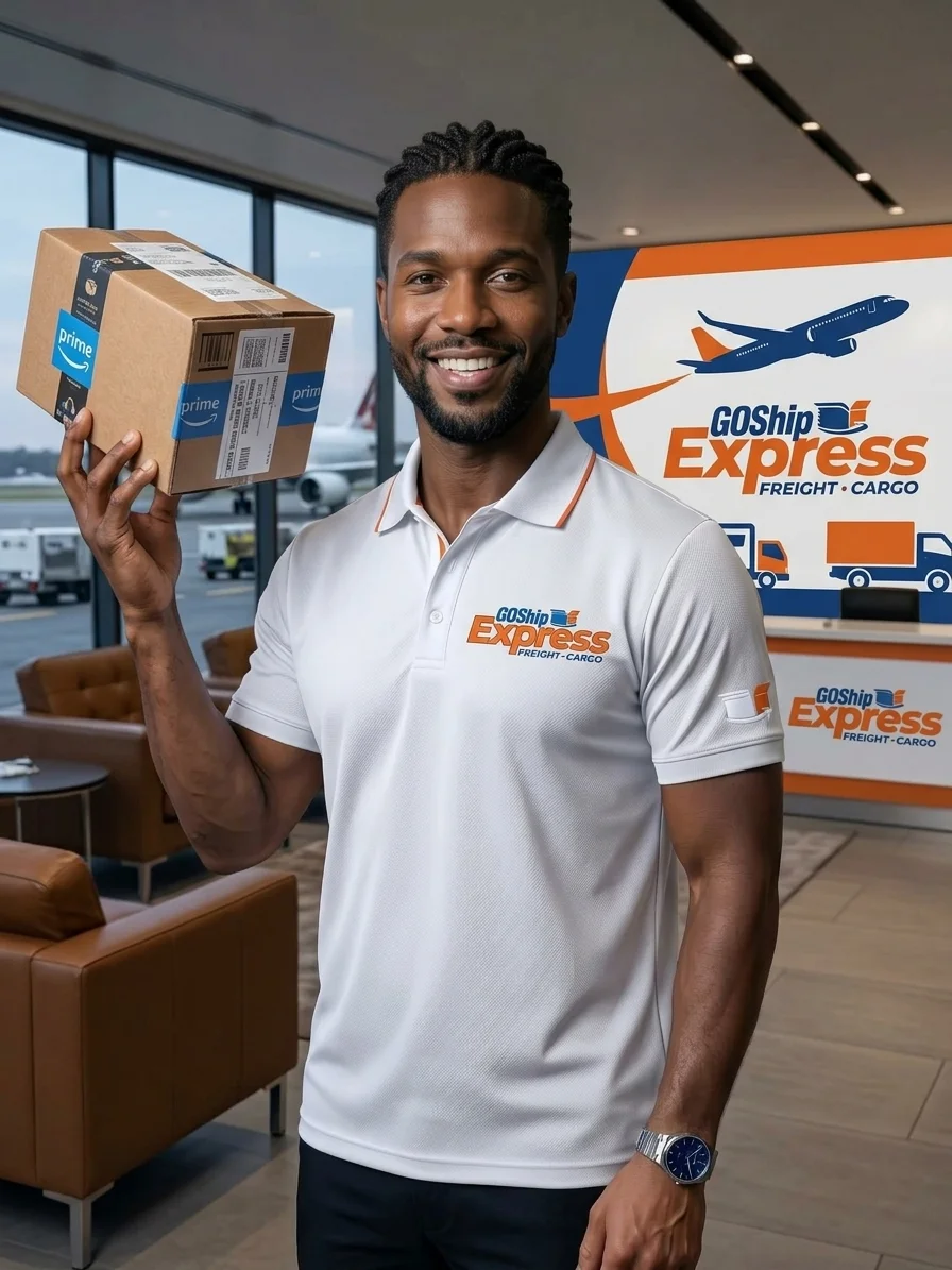 Employé Goship Express en polo, un colis à la main