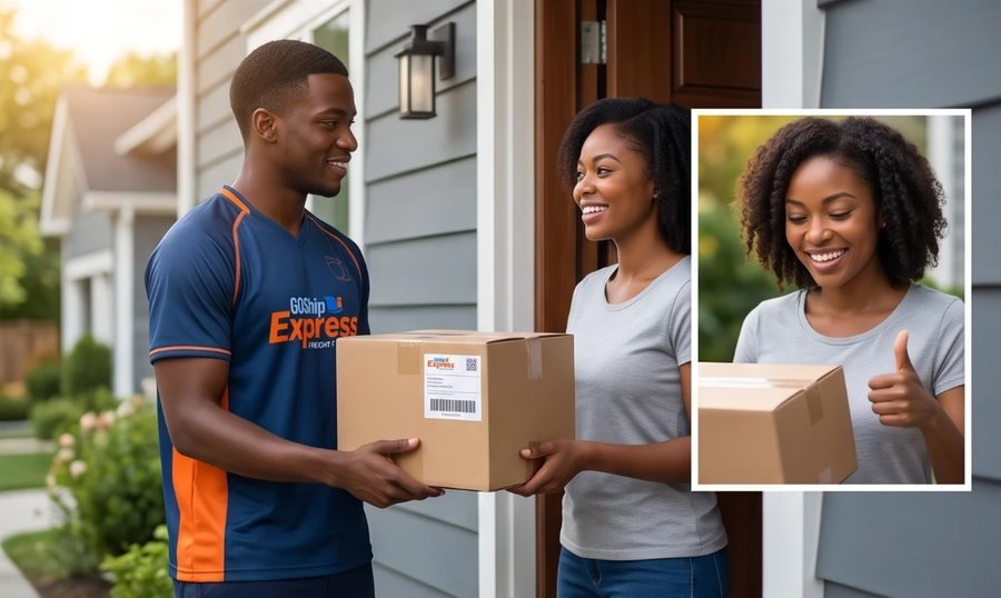 Livreur Goship Express remettant un colis à une cliente souriante