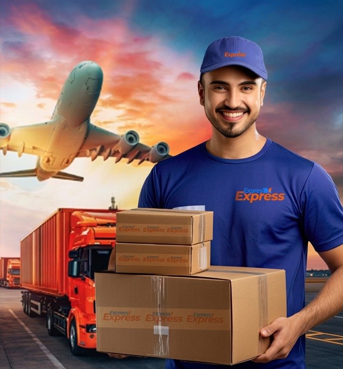 Livreur GoShip Express avec des colis, un camion et un avion