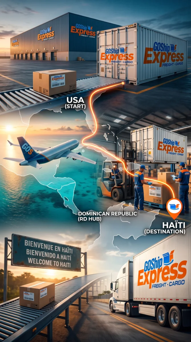 Parcours d'un colis Goship Express : des États-Unis au hub dominicain, jusqu'à la livraison en Haïti