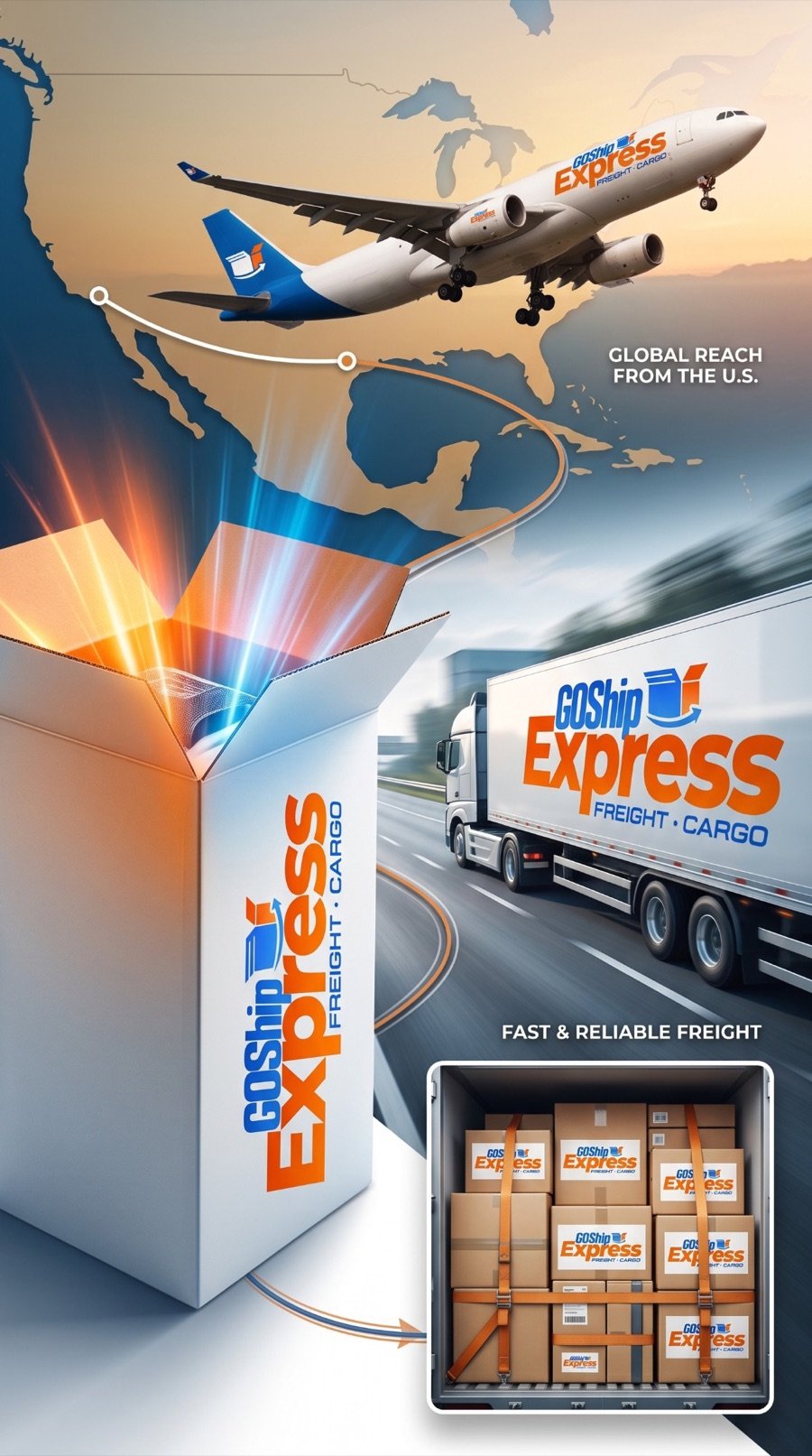 Avion cargo, camion et colis aux couleurs de Goship Express